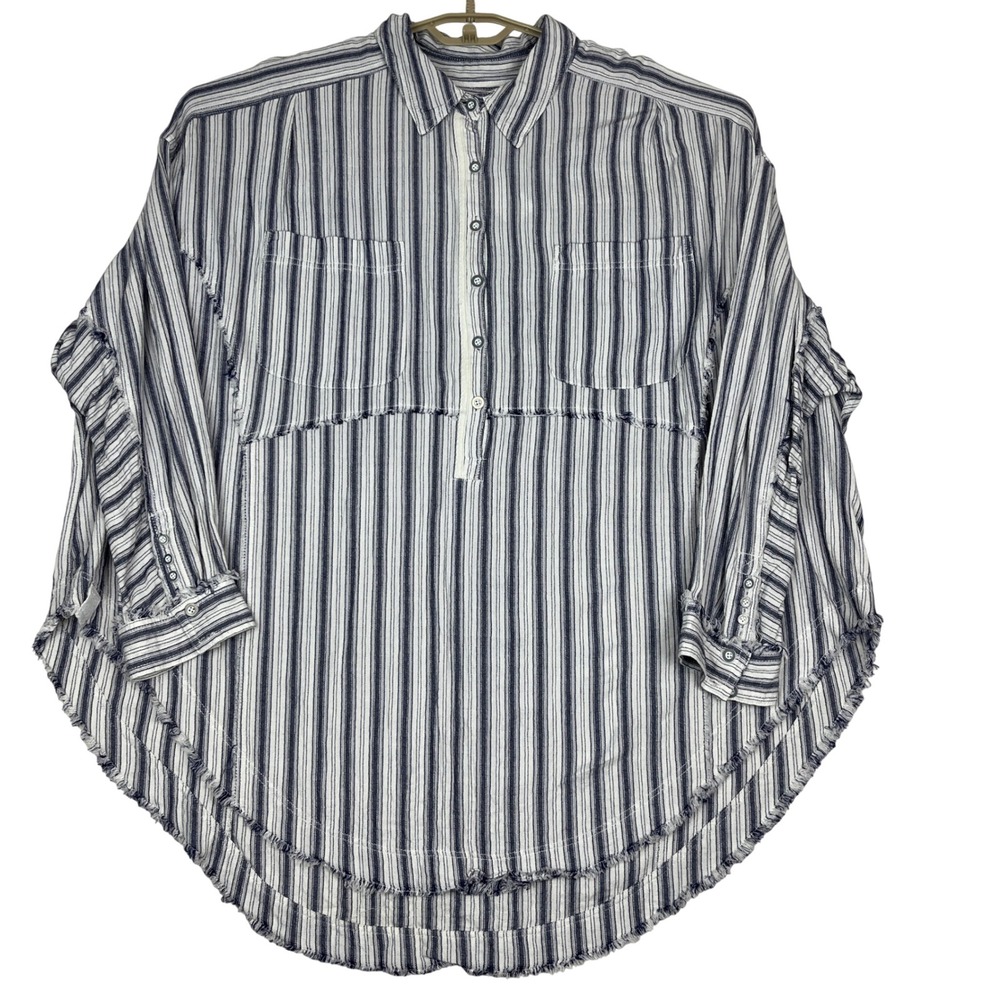 We The Free Striped Button Down Shirt Women XL Blue White Frayed High Low Hem